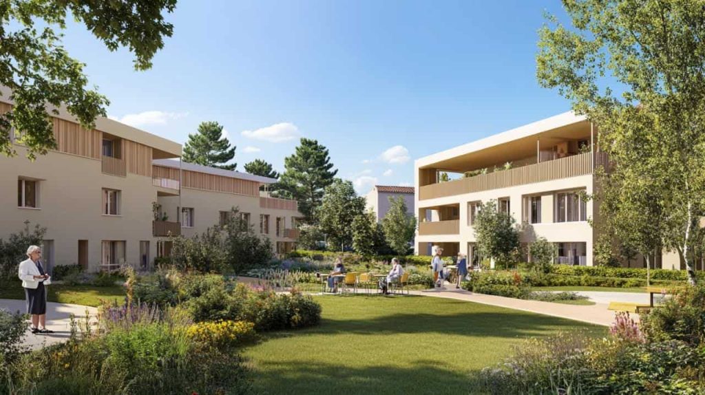 Aménagement extérieur d'une résidence seniors avec un grand jardin paysager et des résidents profitant du soleil.