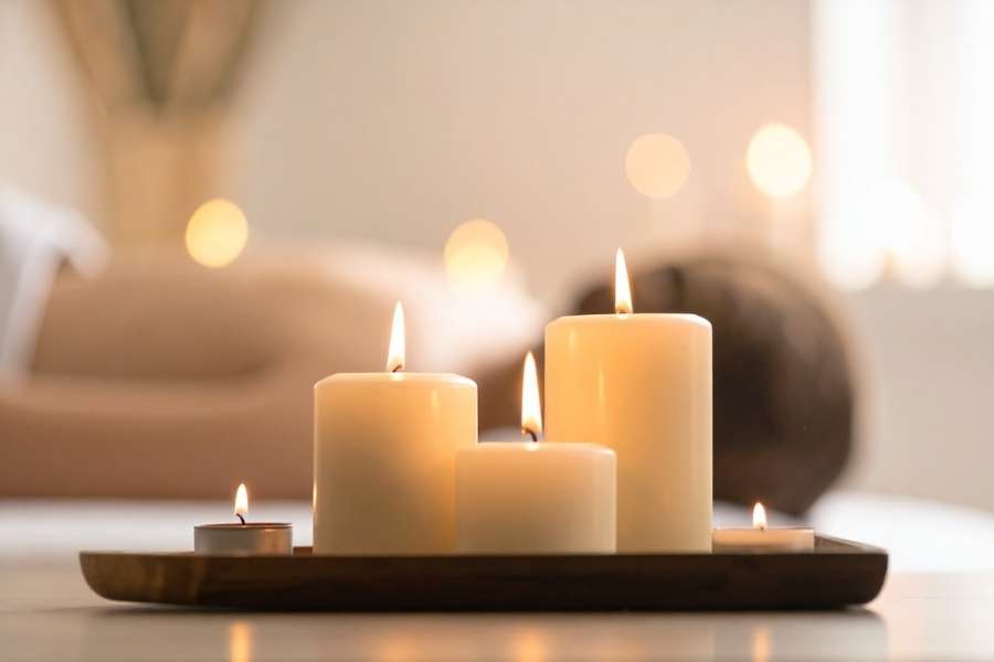 Quatre bougies allumées sur un plateau en bois créent une ambiance douce dans un centre de spas écologiques.